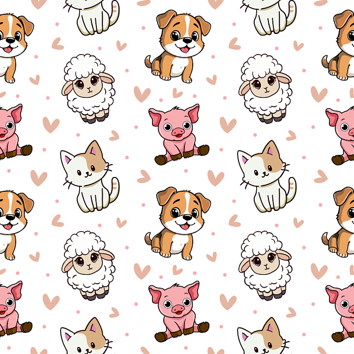 Pattern Featuring Cute Cartoon Animal Motifs and Playful Hearts seamless PBR texture preview