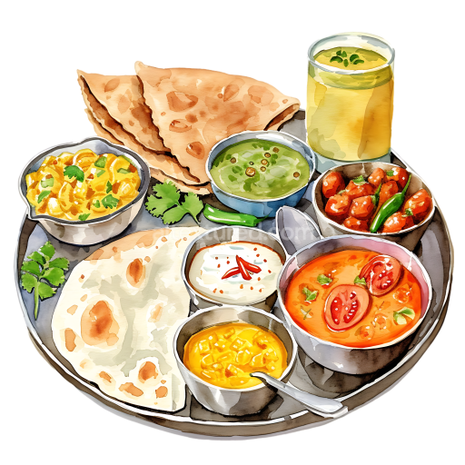 Indian Breakfast Platter Illustration Featuring Roti, Chutneys & Curry