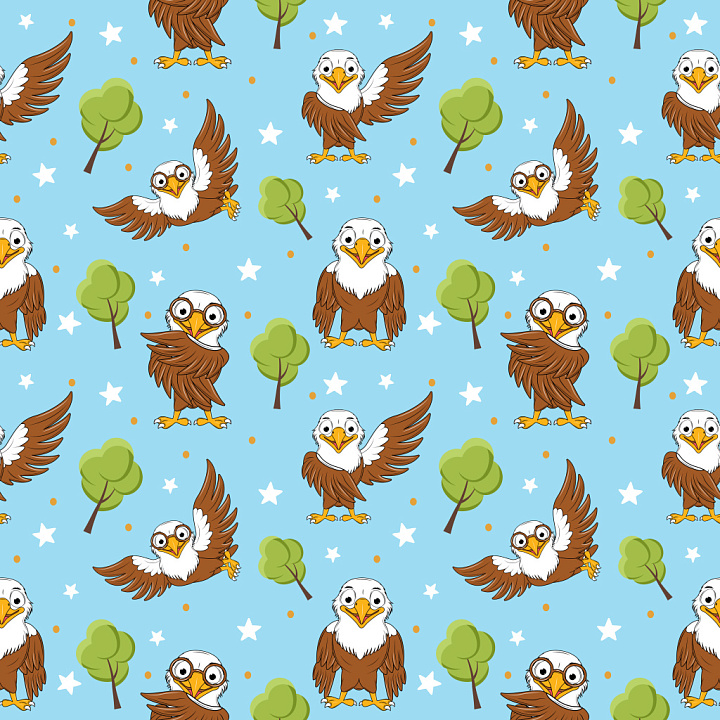 Pattern with Cartoon Eagle Characters on Sky Blue Background seamless PBR texture preview