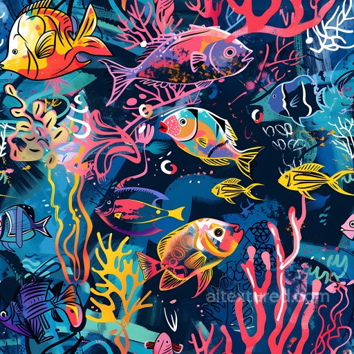 Seamless 3D PBR Graffiti Texture Featuring Colorful Underwater Fish and Coral Patterns texture preview