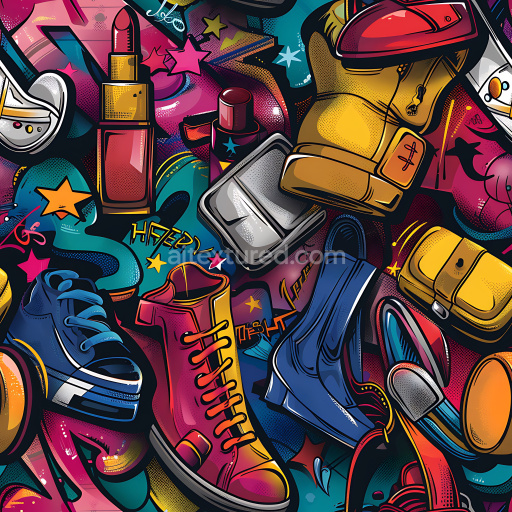 Seamless 3D PBR Graffiti Texture Featuring Vibrant Shoes and Makeup Elements