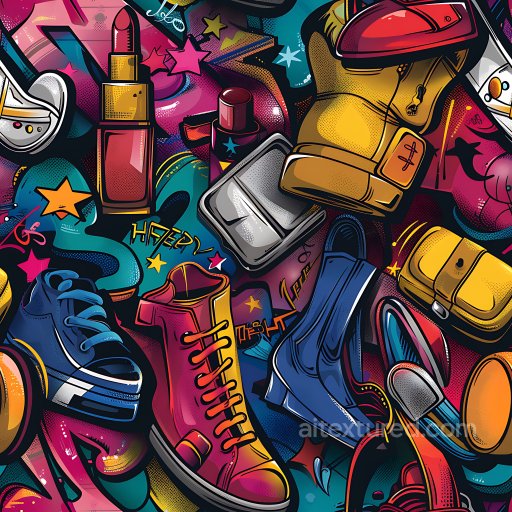 Seamless 3D PBR Graffiti Texture Featuring Vibrant Shoes and Makeup Elements texture preview