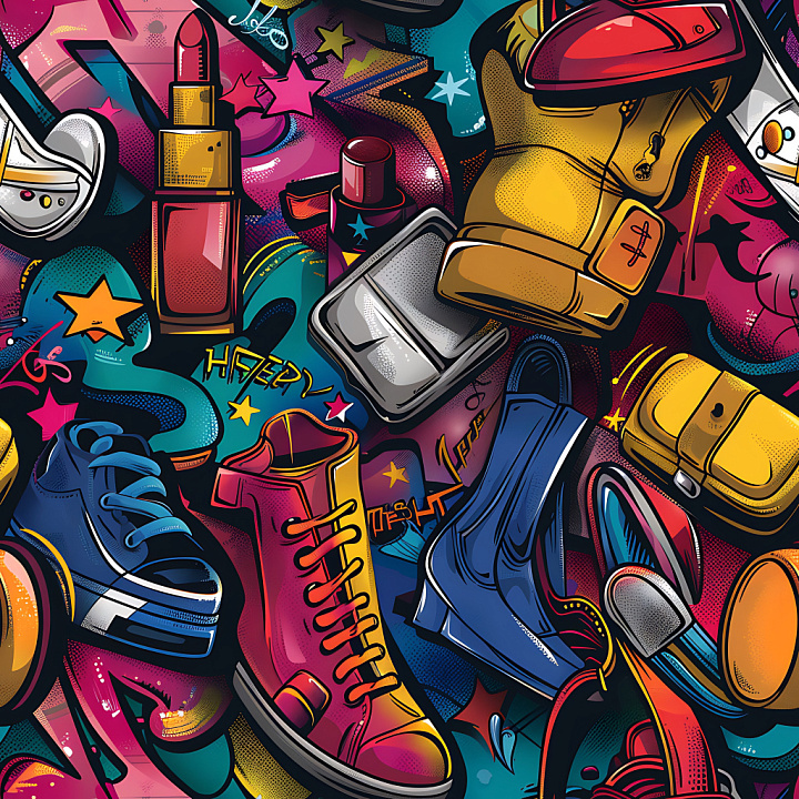 Graffiti Featuring Vibrant Shoes and Makeup Elements seamless PBR texture preview