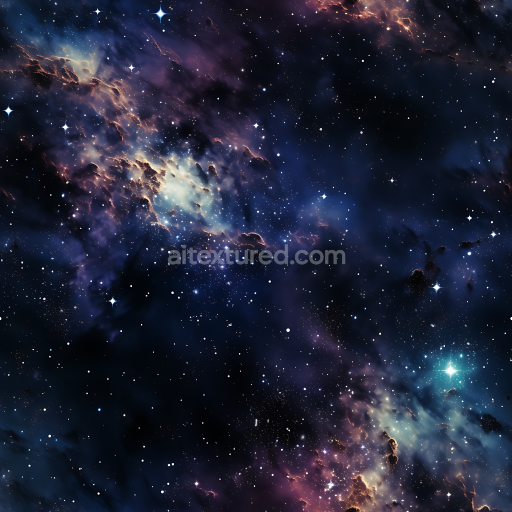 Seamless 3D Space PBR Texture Featuring a Starry Nebula with Glowing Cosmic Clouds