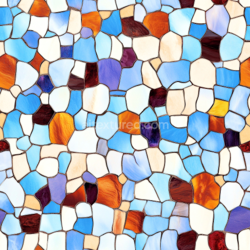 Seamless 3D Glass Mosaic PBR Texture Featuring Irregular Blue, Orange, and Neutral Tiles texture preview
