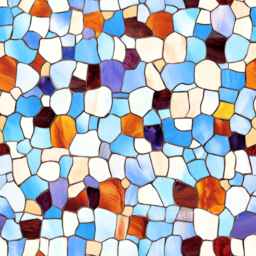 Glass Mosaic PBR Texture Featuring Irregular Blue, Orange, and Neutral Tiles seamless Mosaic PBR texture