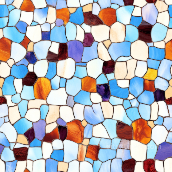 Glass Mosaic PBR Texture Featuring Irregular Blue, Orange, and Neutral Tiles Mosaic texture preview