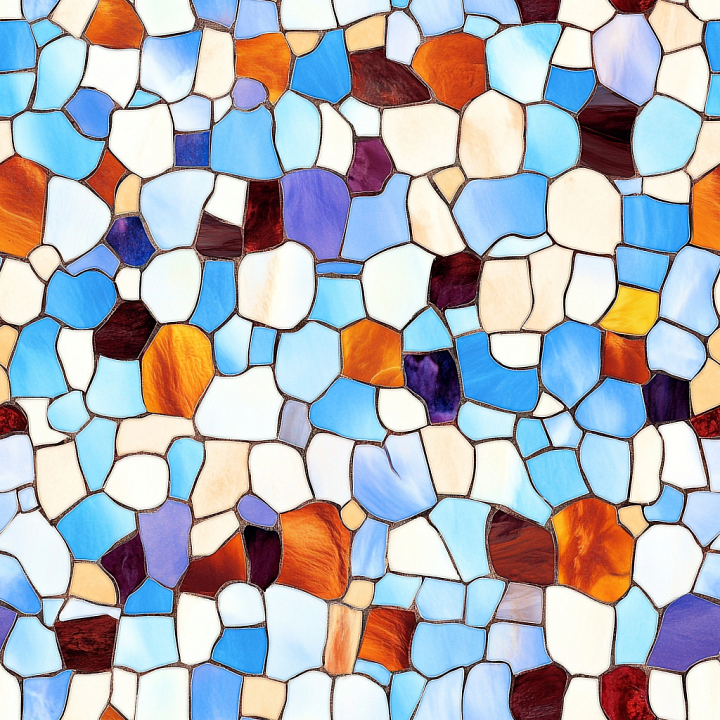 Glass Mosaic Featuring Irregular Blue, Orange, and Neutral Tiles seamless PBR texture preview