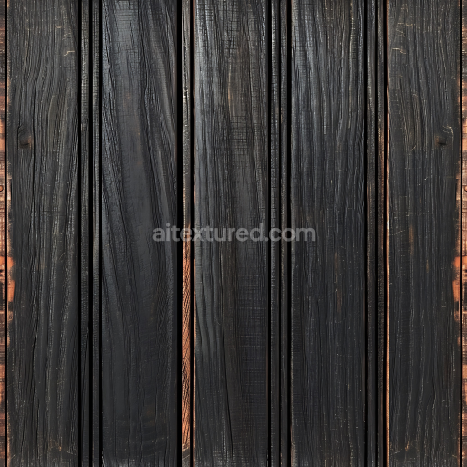 Seamless 3D PBR Texture of Charred Black Wood Planks with Strong Grain and Weathered Details