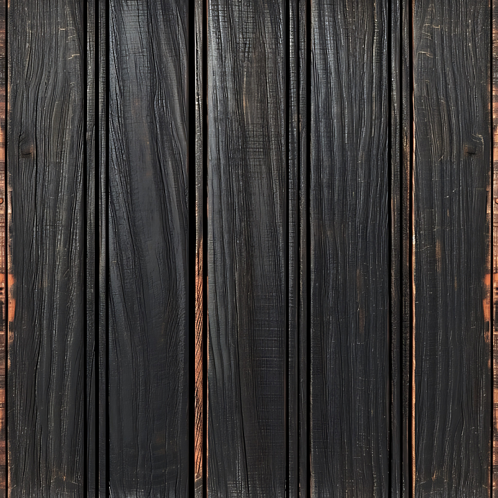Charred Black Wood Planks with Strong Grain and Weathered Details seamless PBR texture preview