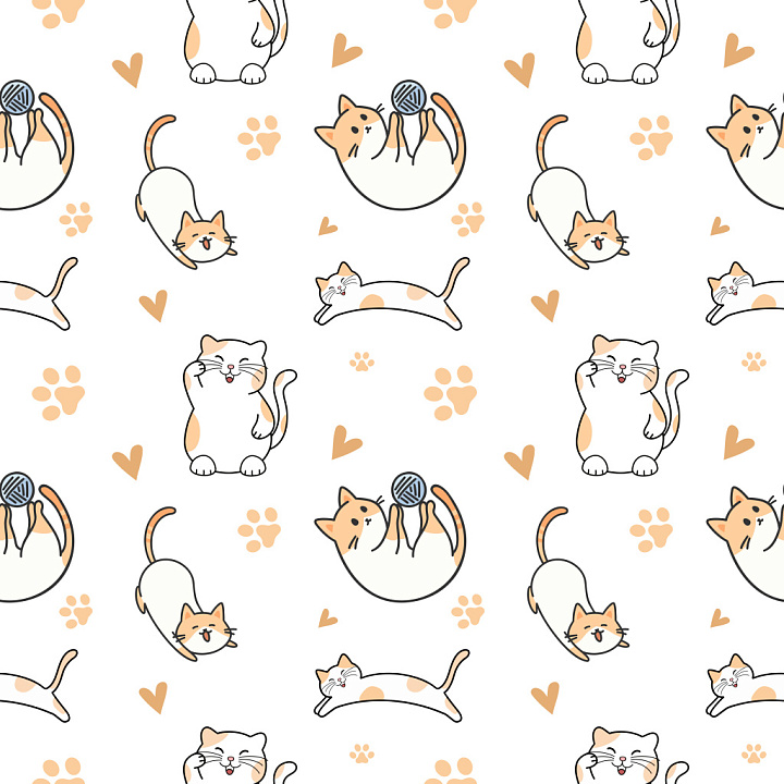Pattern Featuring Playful Cartoon Cats and Heart Motifs seamless PBR texture preview