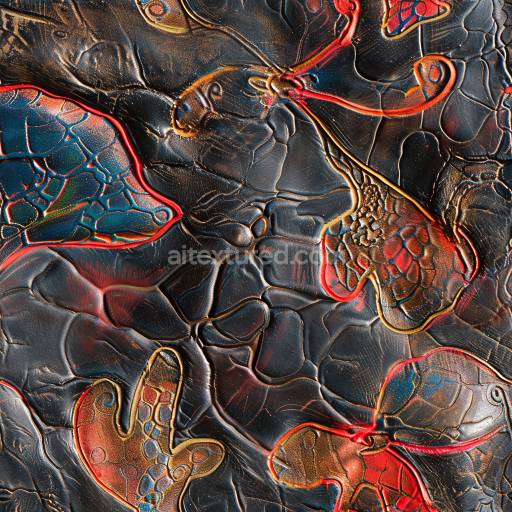 Seamless 3D embossed black leather PBR texture with colorful mosaic inlays and fine grain