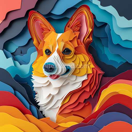 Seamless 3D PBR Texture Featuring Layered Paper Art Corgi Dog in Vibrant Colors