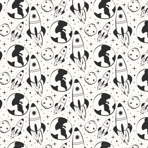 with Black & White Cartoon Space Rockets and Planets seamless White & Black PBR texture