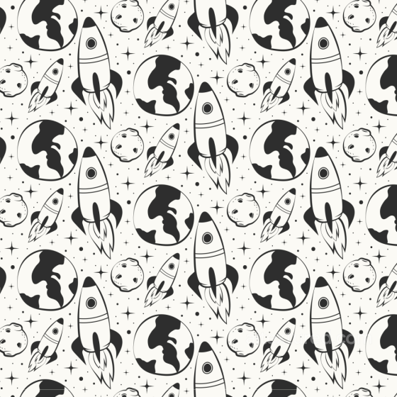 with Black & White Cartoon Space Rockets and Planets White & Black texture preview