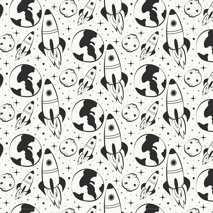 with Black & White Cartoon Space Rockets and Planets seamless PBR texture preview