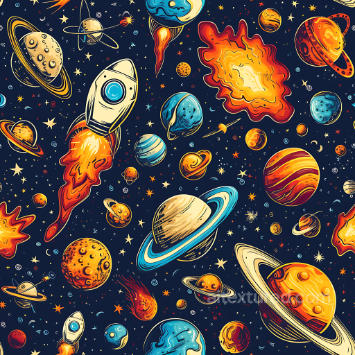 Space PBR Texture Featuring Cartoon Planets, Rockets & Cosmic Elements seamless Star, space, planets PBR texture