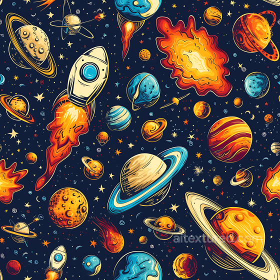 Space PBR Texture Featuring Cartoon Planets, Rockets & Cosmic Elements Star, space, planets texture preview