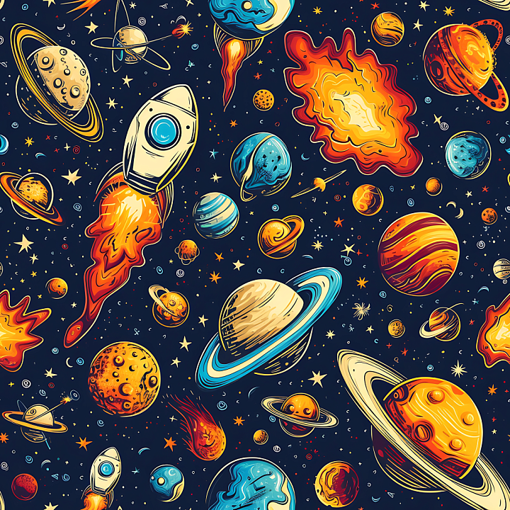 Space Featuring Cartoon Planets, Rockets & Cosmic Elements seamless PBR texture preview