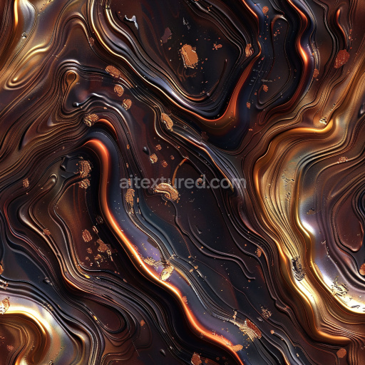 Seamless 3D PBR glossy texture with dark swirled patterns and glowing gold accents