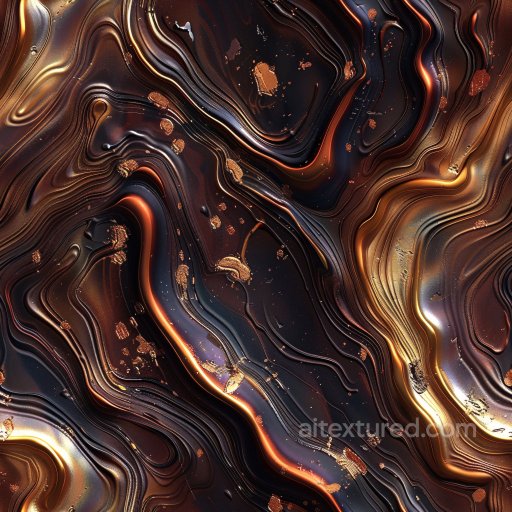 Seamless 3D PBR glossy texture with dark swirled patterns and glowing gold accents texture preview