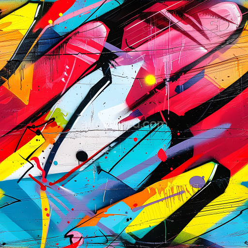 Seamless 3D PBR Texture of Vibrant Urban Graffiti with Red, Blue, and Yellow Paint