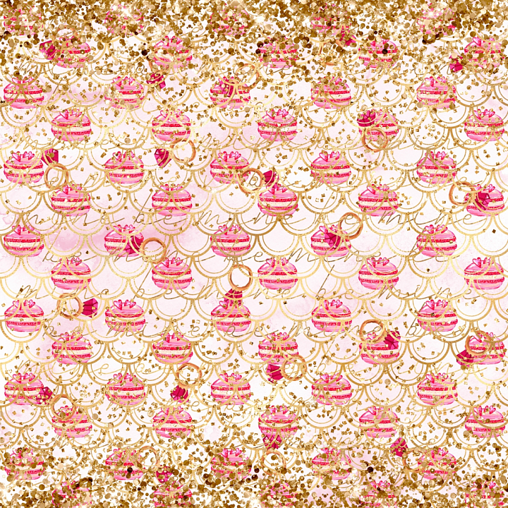 Festive Digital Paper with Pink Ornaments and Gold Glitter Pattern seamless PBR texture preview