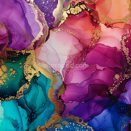 Seamless 3D Alcohol Ink PBR Texture Featuring Rich Plum, Blue & Gold Veins