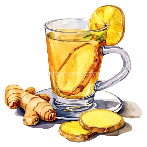 Breakfast Ginger Tea with Lemon Slice and Fresh Ginger Illustration