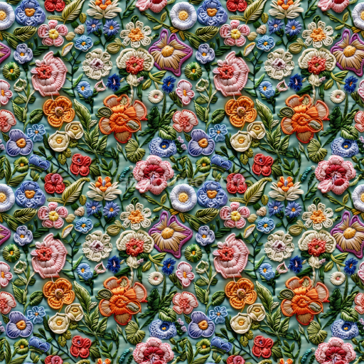 Seamless 3D PBR Texture of Colorful Embroidered Floral Fabric Detail