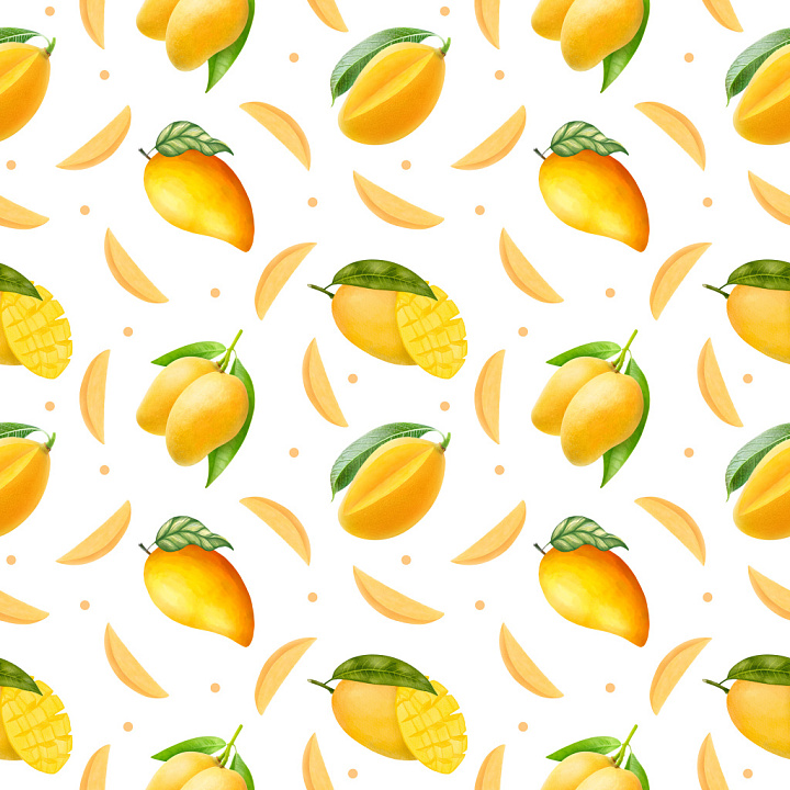 Pattern Featuring Realistic Mango Motifs on White Background seamless PBR texture preview