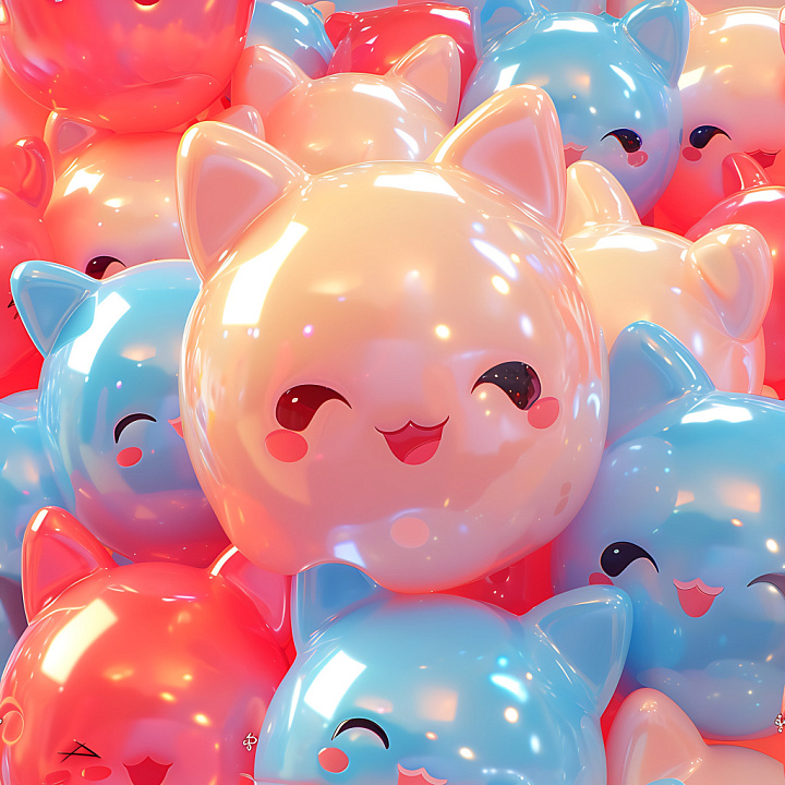 Inflated Glossy Vinyl Featuring Cute Cat Faces in Pastel Blue and Pink seamless PBR texture preview
