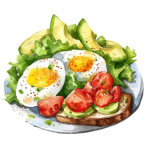 Watercolor Avocado, Egg Salad, and Toast Breakfast Illustration