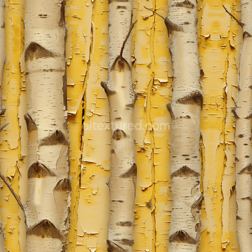Seamless 3D Birch Tree Bark PBR Texture Featuring Yellow Peeling and Natural Knots