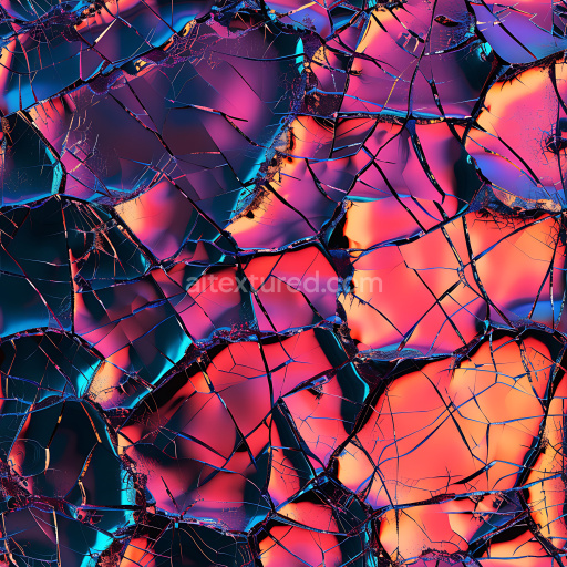 Seamless 3D shattered glass PBR texture with vibrant multicolor cracks and jagged breaks