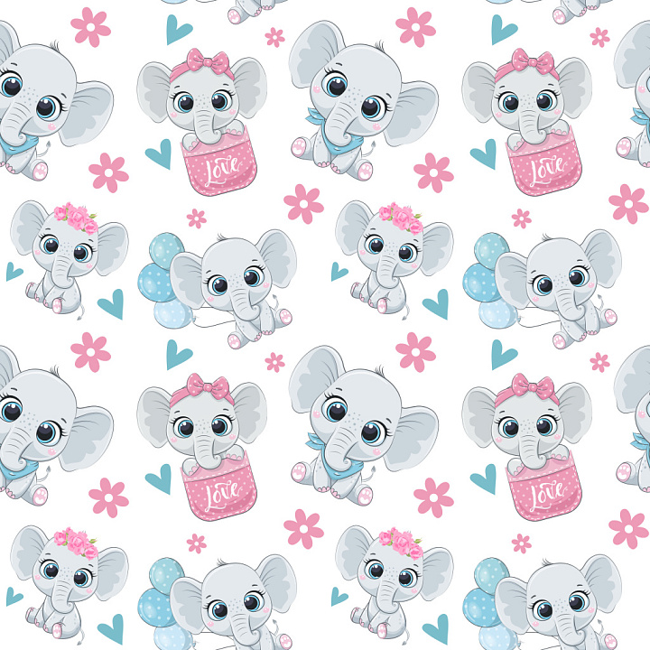 Pattern Featuring Cute Cartoon Elephants with Playful Motifs seamless PBR texture preview
