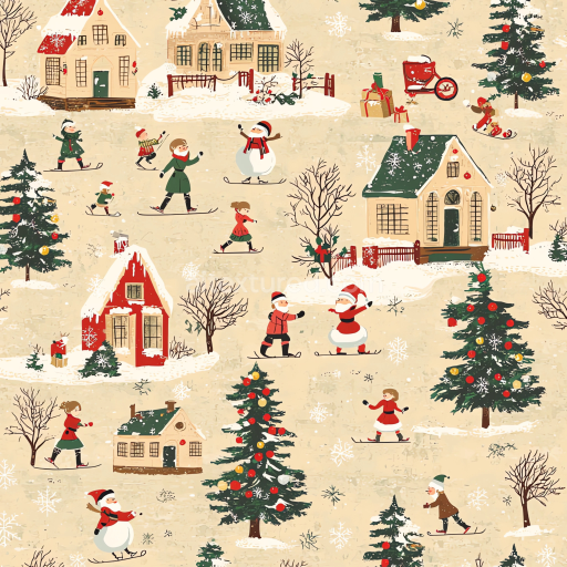 Seamless 3D PBR Texture of Hand-Drawn Christmas Winter Village Scene