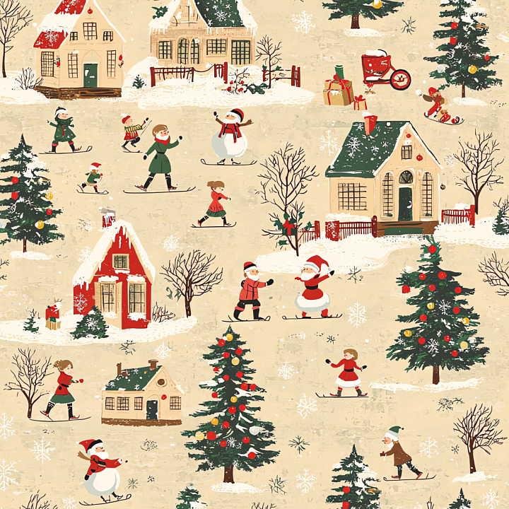 All Christmas Digital paper of Hand-Drawn Christmas Winter Village Scene seamless PBR texture preview