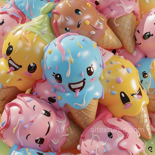 Inflated PBR Texture Featuring Colorful Cartoon Ice Cream Cones seamless Inflated PBR texture