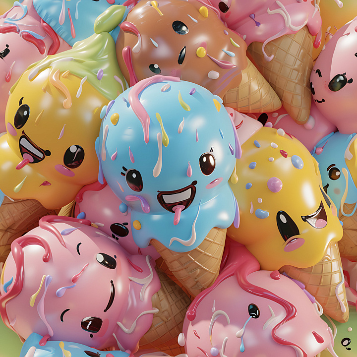 Inflated of Playful Cartoon Ice Cream Cones with Dripping Colors seamless PBR texture preview