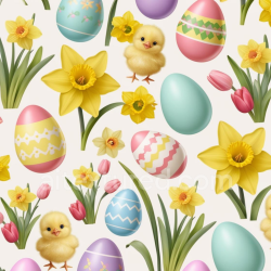 seamless Seamless 3D PBR Easter digital paper texture with decorated eggs, chicks & spring flowers texture 8k free download PBR