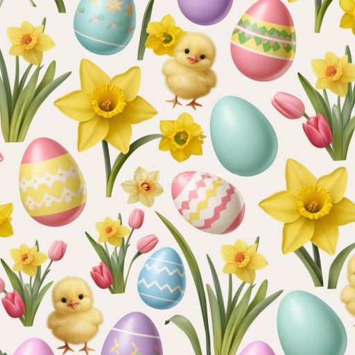 Seamless 3D PBR Digital Paper Texture Featuring Easter Eggs, Daffodils & Chicks