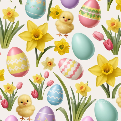 Easter Digital Paper Texture With Decorated Eggs, Chicks & Spring Flowers seamless All Easter Digital paper PBR texture