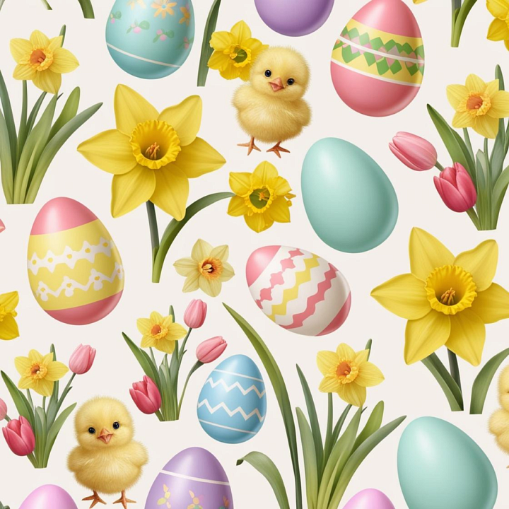 Digital Paper Featuring Easter Eggs, Daffodils & Chicks seamless PBR texture preview