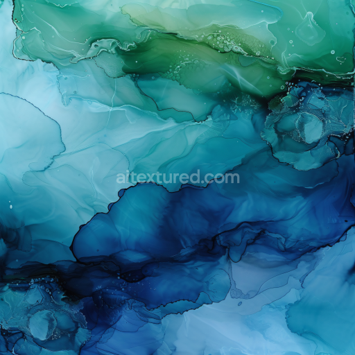 Seamless 3D Alcohol Ink PBR Texture Featuring Blue and Green Fluid Waves with Delicate Marbling