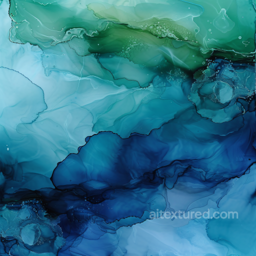 Alcohol Ink PBR Texture Featuring Blue and Green Fluid Waves with Delicate Marbling seamless Alcohol ink PBR texture