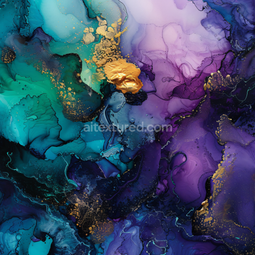 Seamless 3D Alcohol Ink PBR Texture with Teal, Purple & Gold Swirling Patterns