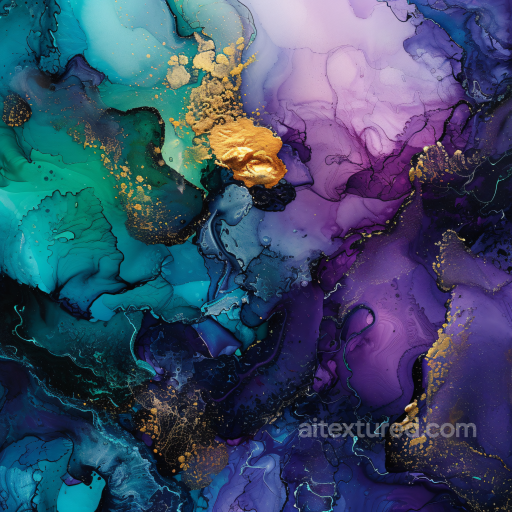 Alcohol Ink PBR Texture with Teal, Purple & Gold Swirling Patterns seamless Alcohol ink PBR texture