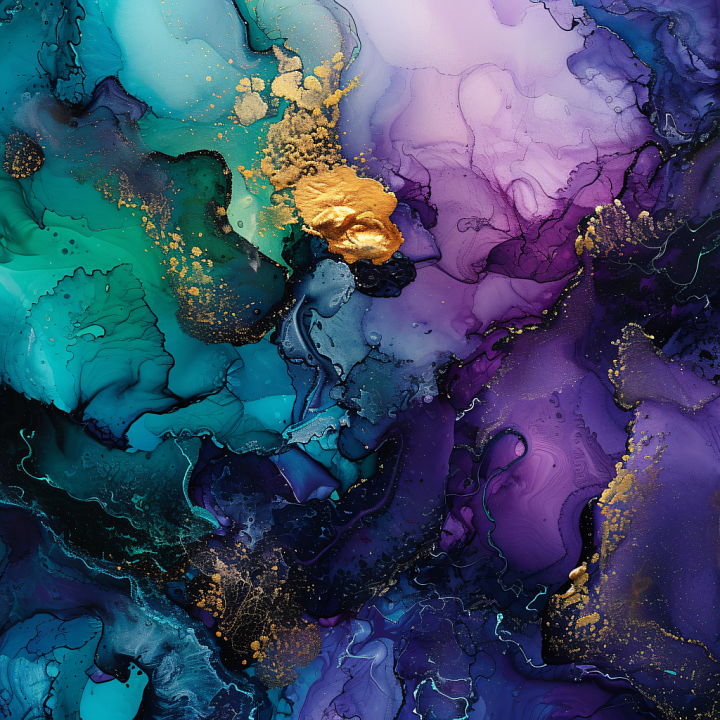 Alcohol Ink with Teal, Purple & Gold Swirling Patterns seamless PBR texture preview
