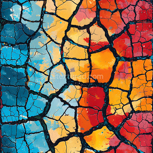 Seamless 3D PBR Cracked Paint Texture with Vibrant Blue, Yellow, Red Pattern